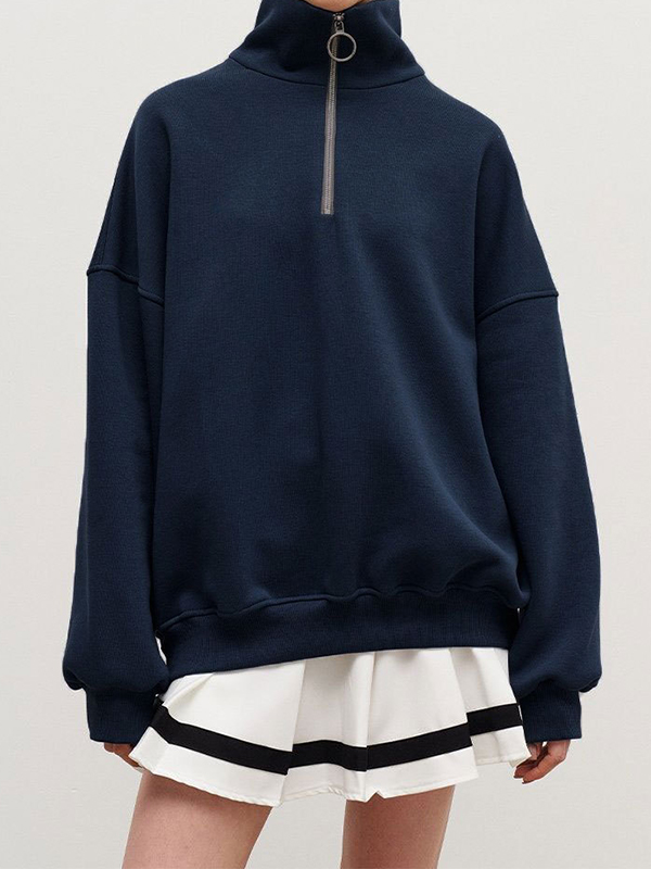 Solid Lapel Neck Half Zip Sweatshirt-3