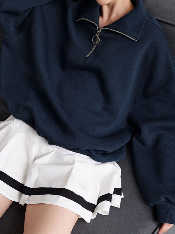 Solid Lapel Neck Half Zip Sweatshirt-2