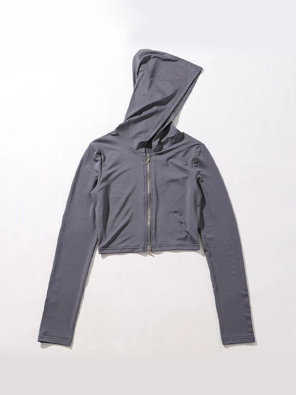 Solid Hooded Zip Up Short Long Sleeve Tee-2