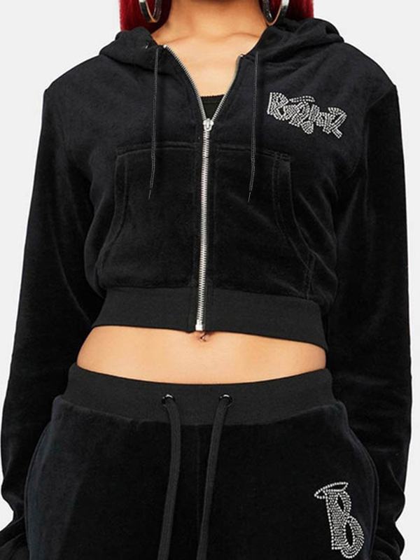 Letter Rhinestone Print Short Hoodie-1