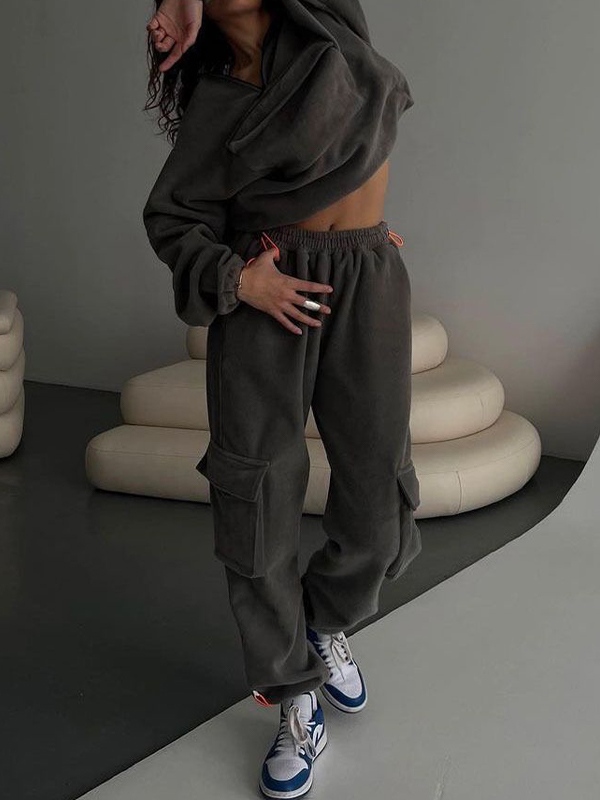 Solid Half Zip Flap Pocket Sweatshirt&Bound Feet Sweatpants Set-2