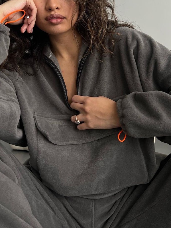 Solid Half Zip Flap Pocket Sweatshirt&Bound Feet Sweatpants Set-1