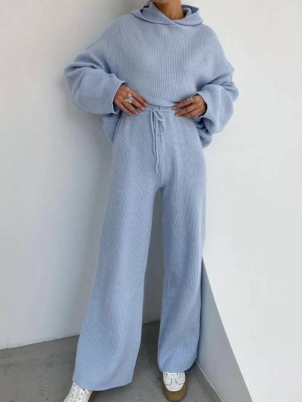 Solid Oversized Hoodie&Drawstring Wide Leg Pants Set-2
