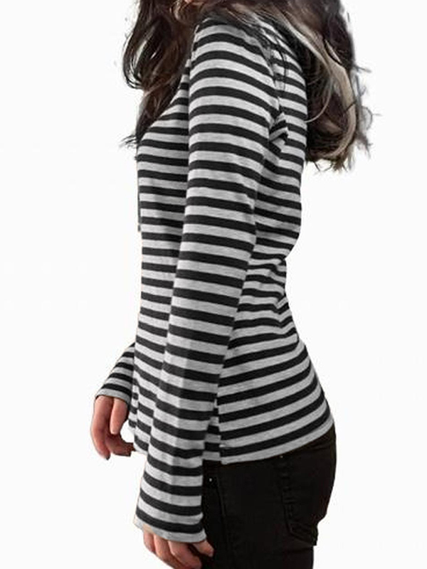 Striped V Neck Elastic Long Sleeve Tee-1