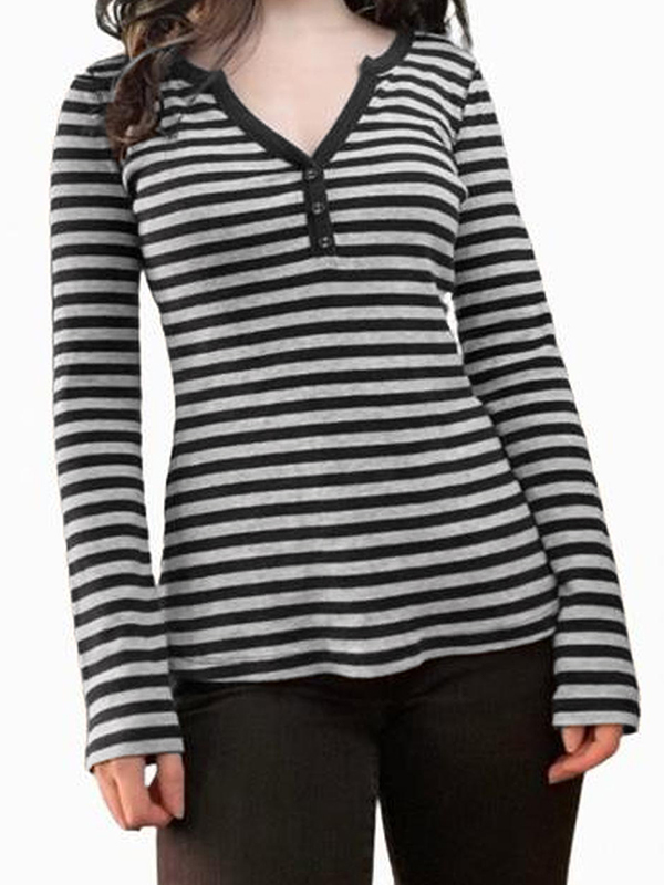 Striped V Neck Elastic Long Sleeve Tee-2