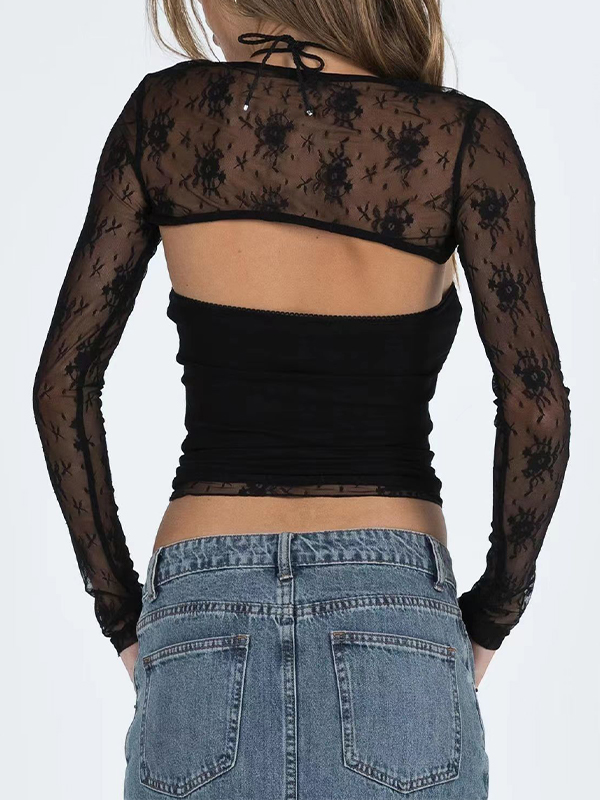 See Through Lace Bandeau Smock Two Piece Long Sleeve Tee-1