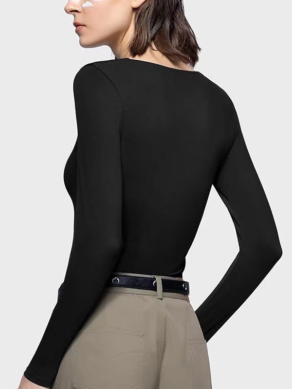 Solid Sweetheart Neck Slim Long Sleeve Tee-2