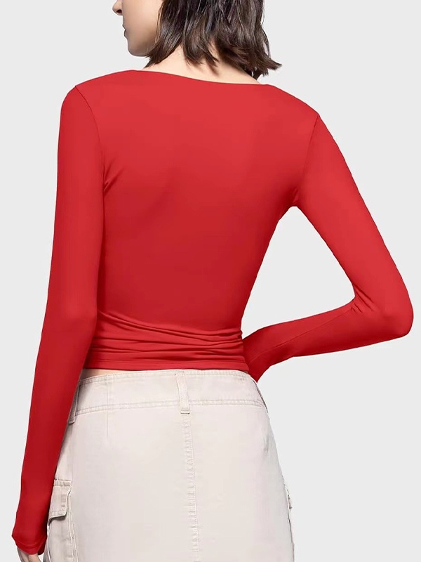 Solid Sweetheart Neck Slim Long Sleeve Tee-1