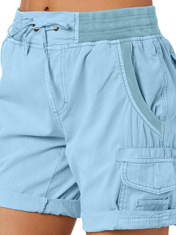 Solid Elastic Waist Multi Pocket Drawstring Shorts-1