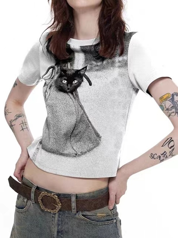 Cat Print Short Sleeve Tee-2