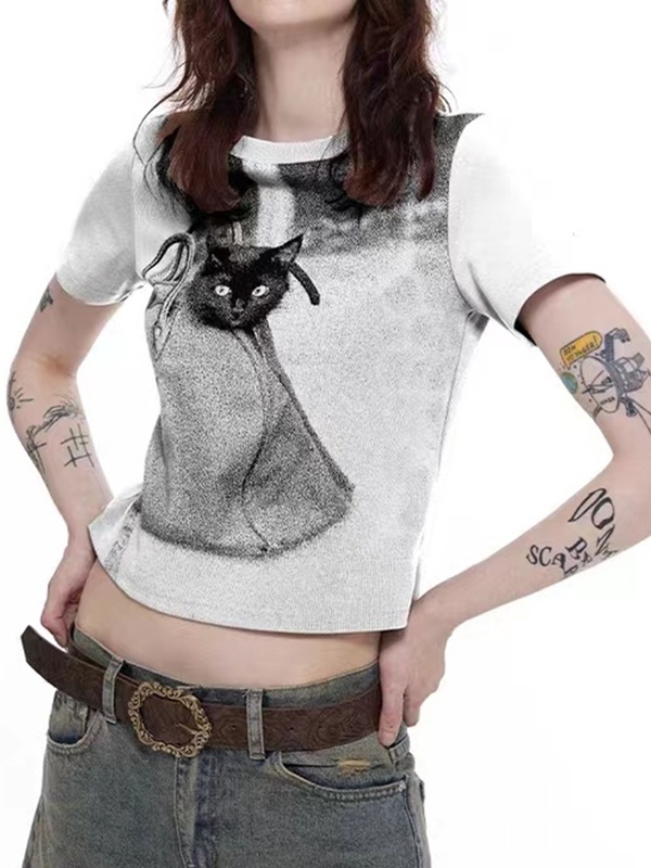 Cat Print Short Sleeve Tee-1