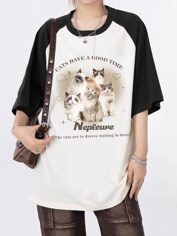 Vintage Cat Print Raglan Oversized Short Sleeve Tee-2