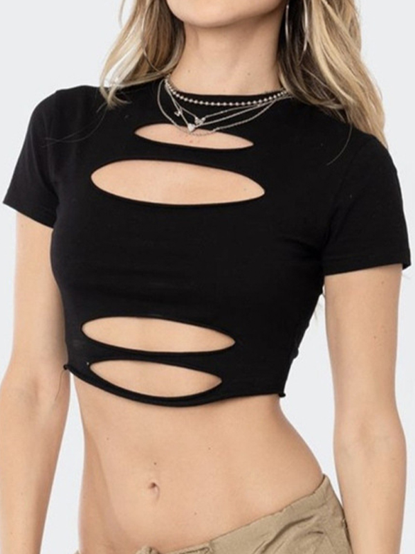 Solid Cutout Cropped Short Sleeve Tee-3