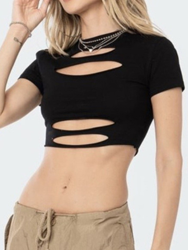 Solid Cutout Cropped Short Sleeve Tee-1