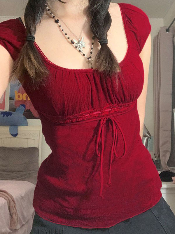 Vintage Tie Front Lace Trim Blouse-2