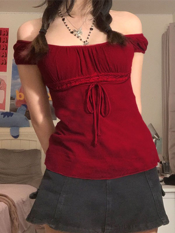 Vintage Tie Front Lace Trim Blouse-1