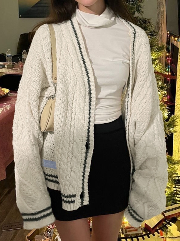 Oversize Star Embroidered Cable Knit Cardigan-1