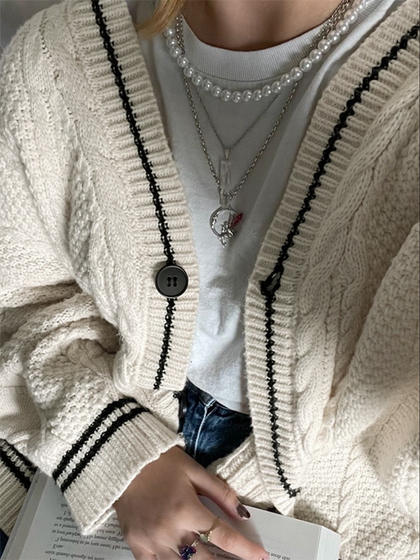 Oversize Star Embroidered Cable Knit Cardigan-3