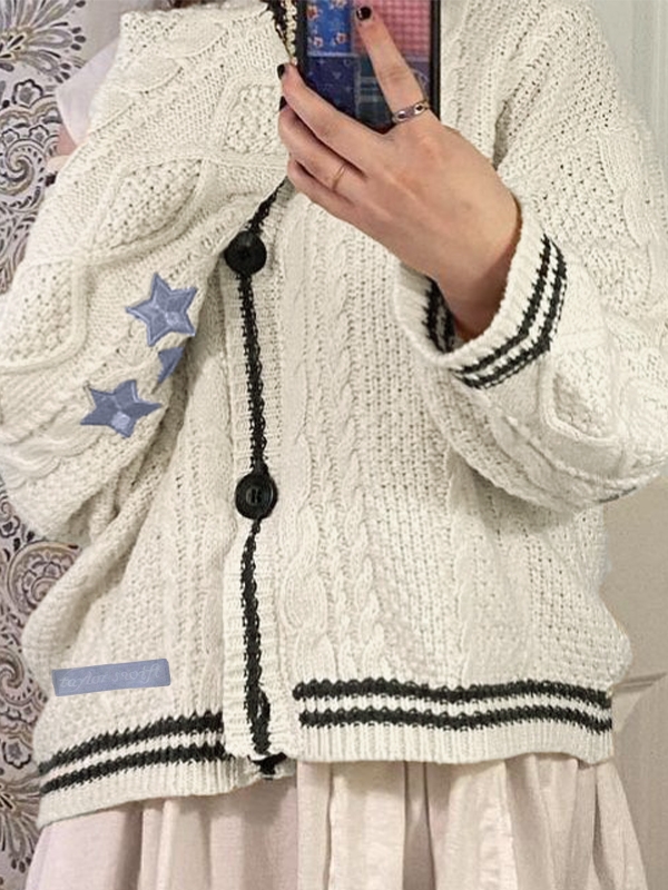 Oversize Star Embroidered Cable Knit Cardigan-2