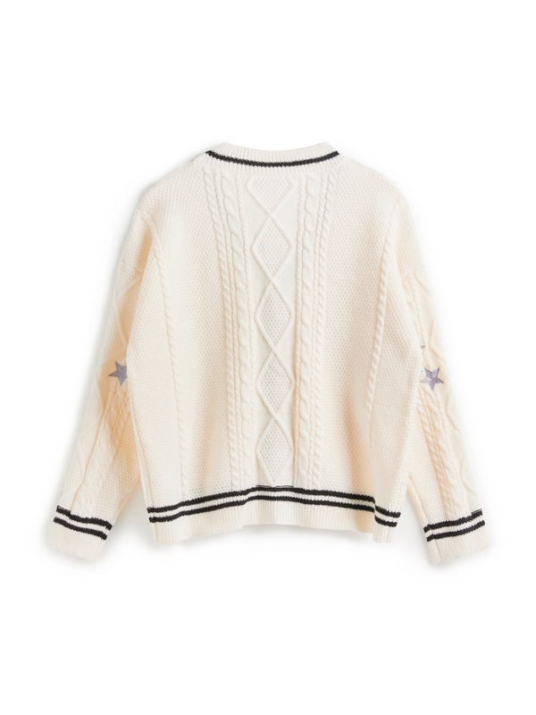 Oversize Star Embroidered Cable Knit Cardigan-5