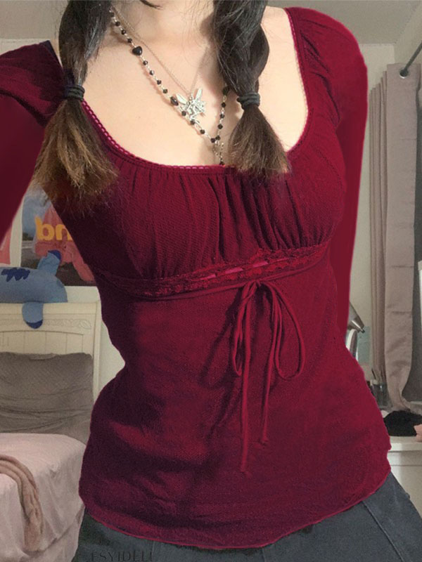 Lace Trim Tie Front Long Sleeve Blouse-2