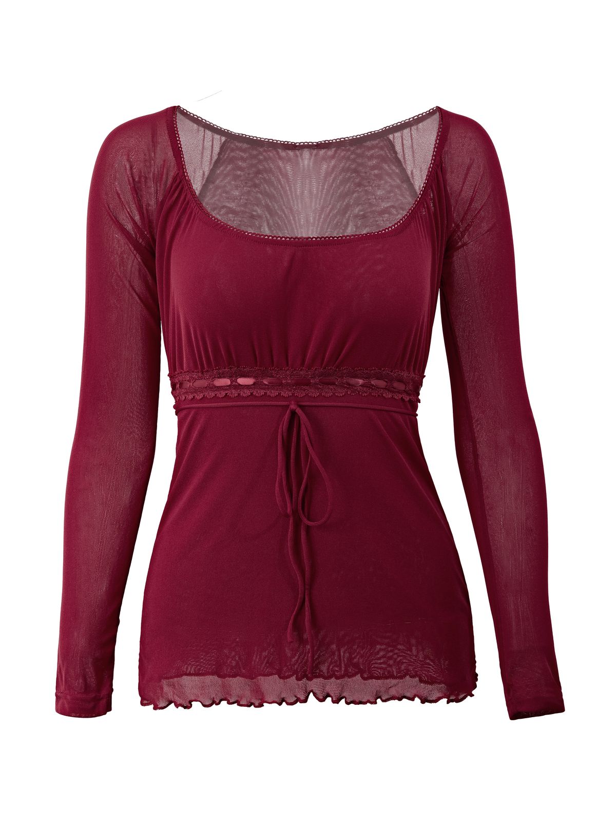 Lace Trim Tie Front Long Sleeve Blouse-3