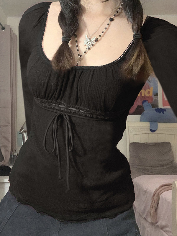 Lace Trim Tie Front Long Sleeve Blouse-2