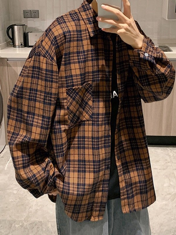 Men's Checkered Long Sleeve Button Down Shirts-3