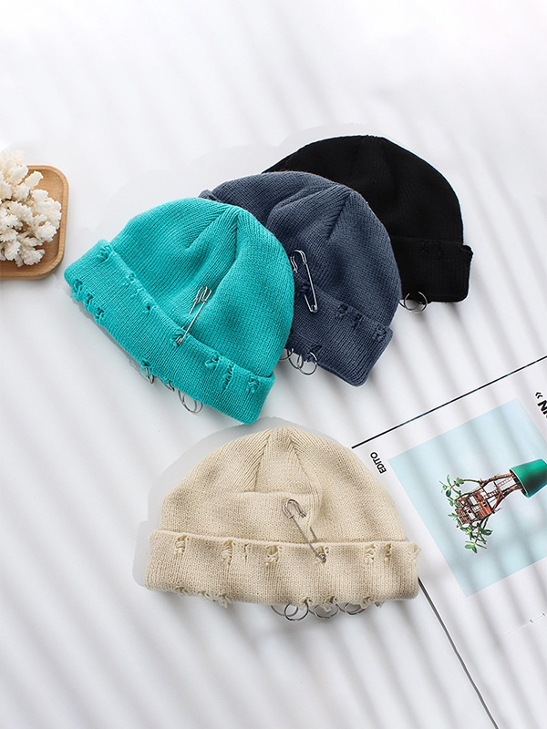Safety Pin Distressed Knitted Beanie Hat-1