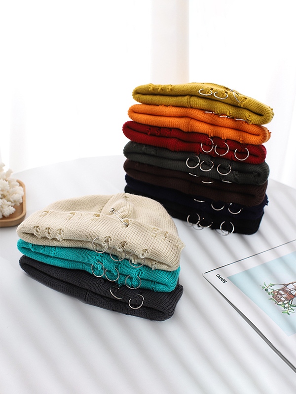 Safety Pin Distressed Knitted Beanie Hat-1