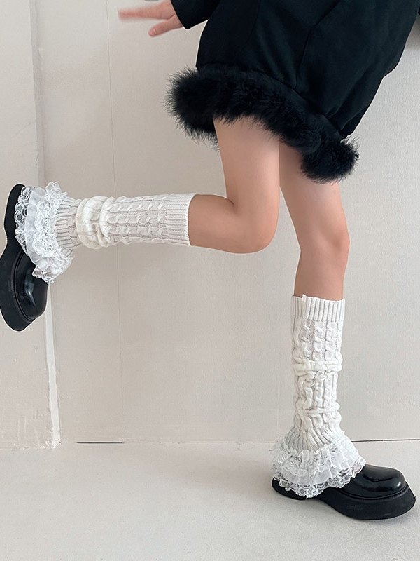 Ruffle Lace Cable Knit Leg Warmer-1