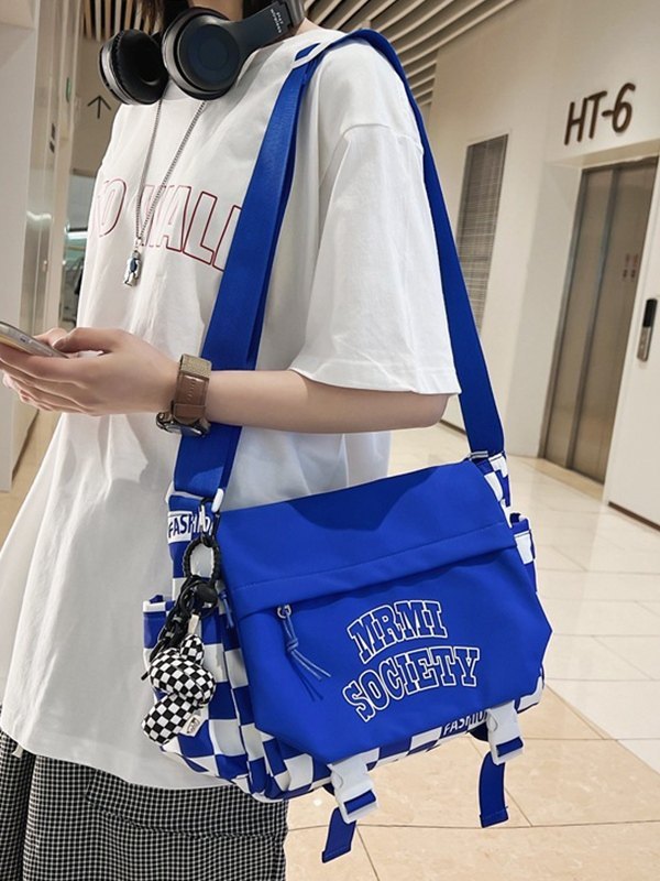 Buckle Strap Checkered Nylon Crossbody Bag-1