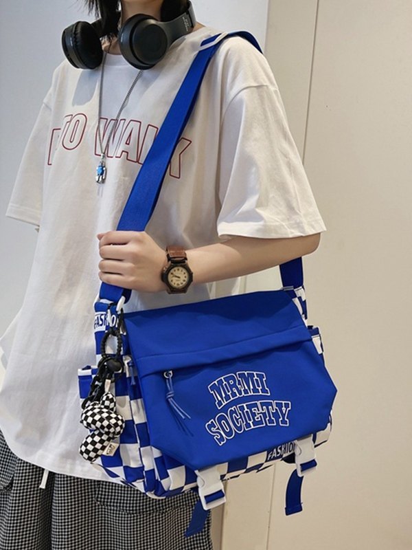 Buckle Strap Checkered Nylon Crossbody Bag-2