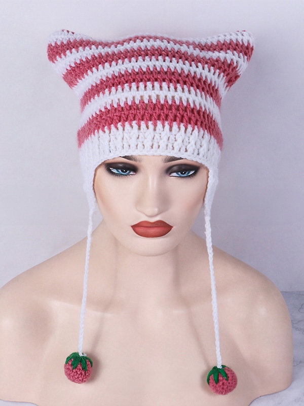 Hand Made Cat Ear Stripes Knitted Hat-3
