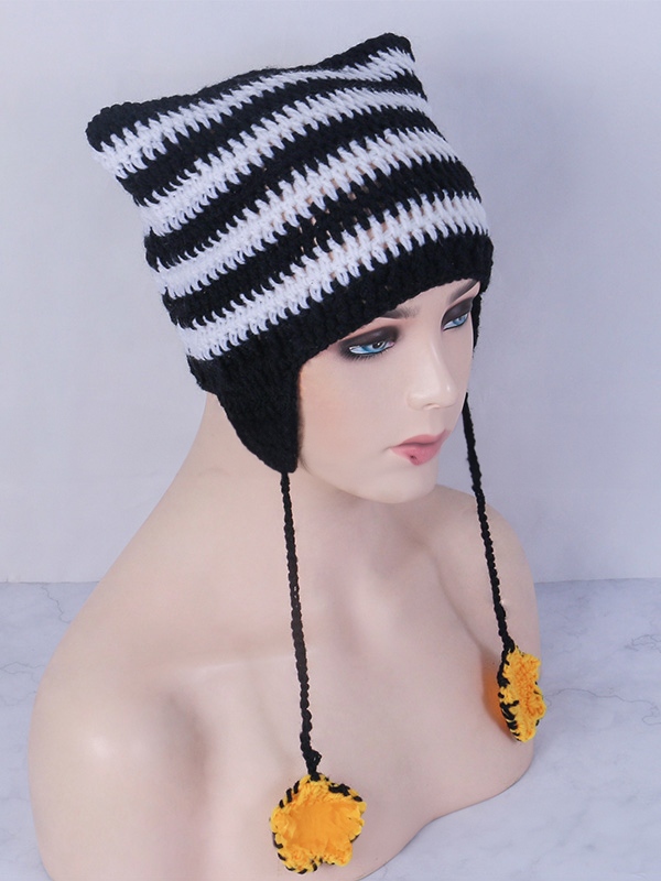 Hand Made Cat Ear Stripes Knitted Hat-3