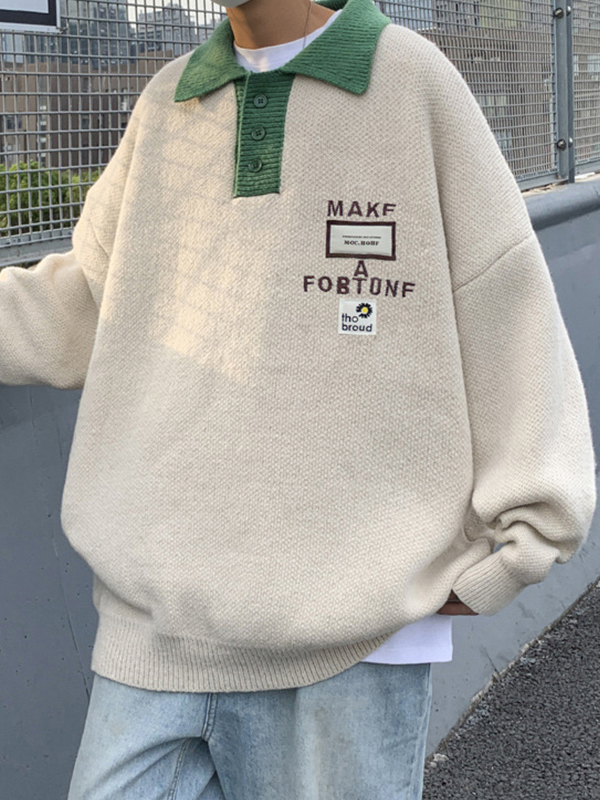 Men's Contrast Color Letter Embroidery Labeling Knit Sweater-2