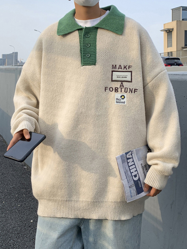 Men's Contrast Color Letter Embroidery Labeling Knit Sweater-1