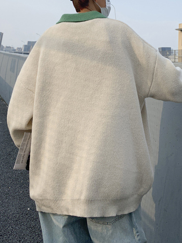 Men's Contrast Color Letter Embroidery Labeling Knit Sweater-3