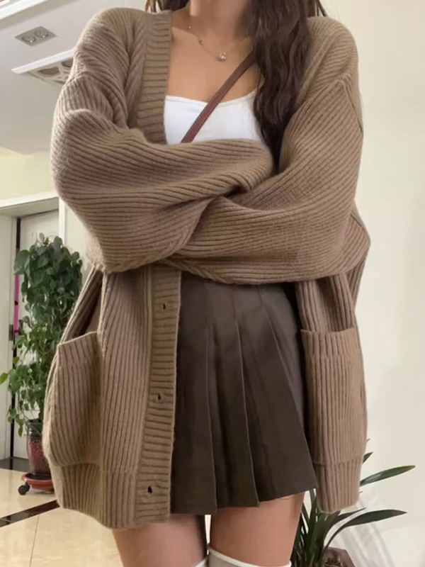 Preppy Solid Color V Neck Baggy Cardigan-2