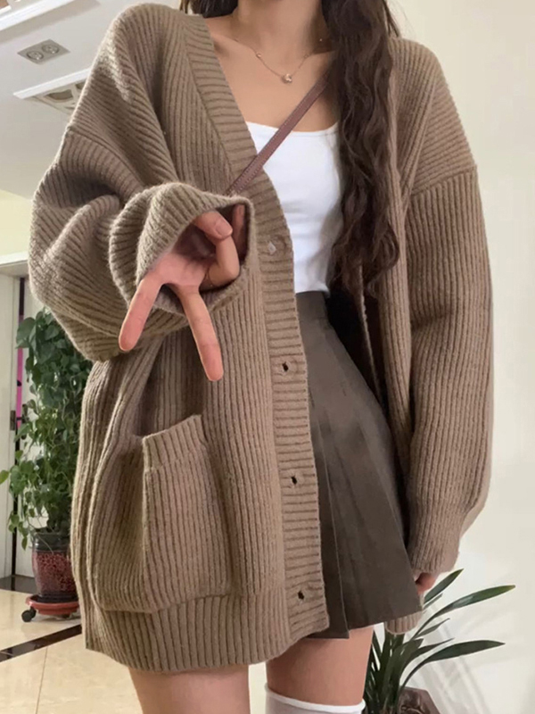 Preppy Solid Color V Neck Baggy Cardigan-1