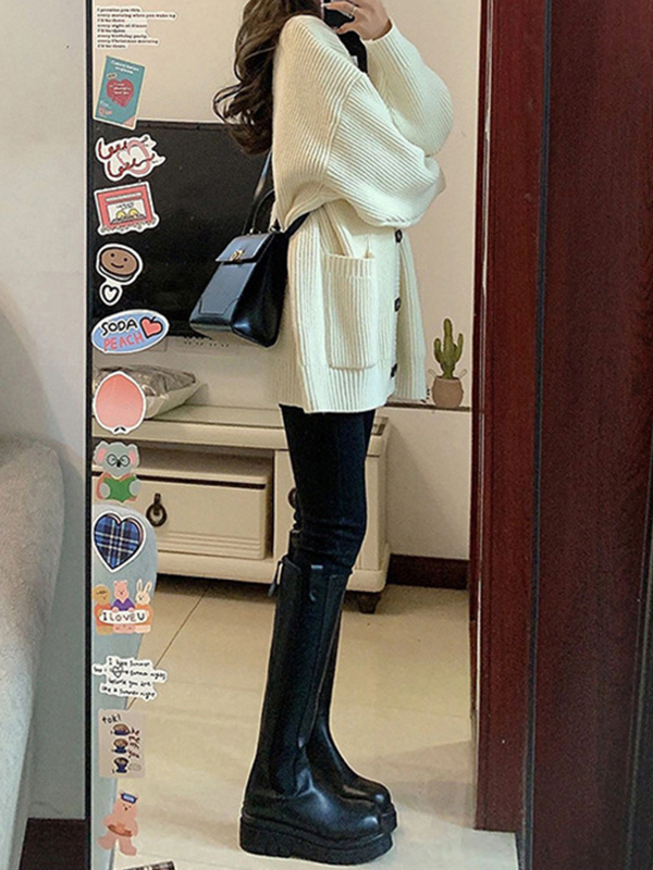 Preppy Solid Color V Neck Baggy Cardigan-1