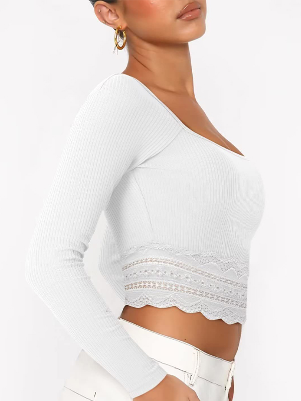 Solid Color Lace Hem Square Neck Crop Long Sleeve Knit-2