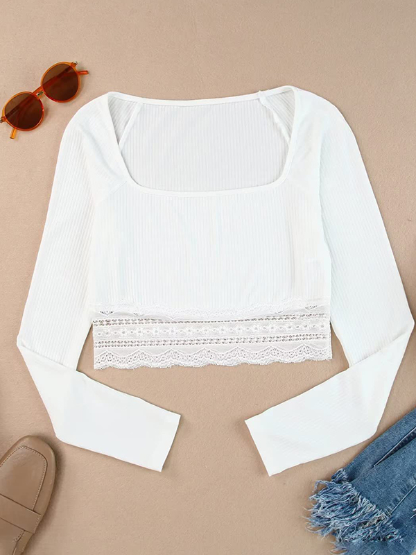 Solid Color Lace Hem Square Neck Crop Long Sleeve Knit-4