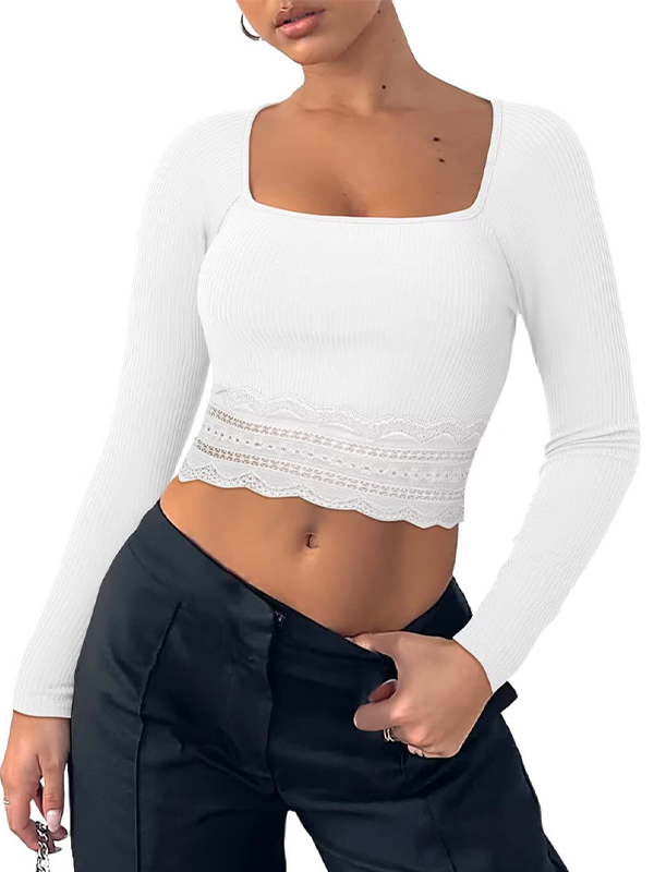 Solid Color Lace Hem Square Neck Crop Long Sleeve Knit-1