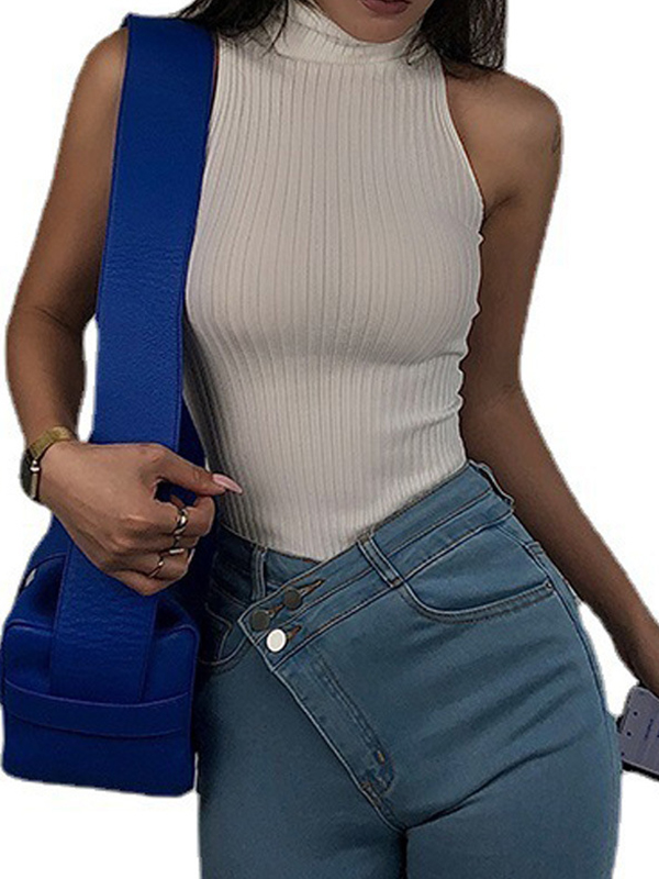 Solid Color High Neck Ribbed Knit Tank Top-1