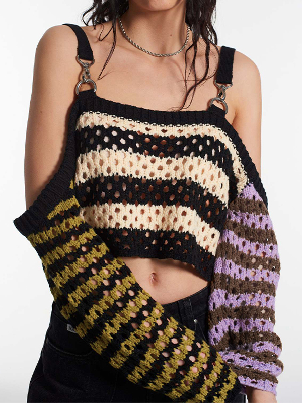 Cutout Contrast Color Splice Buckle Strap Crochet Top-1
