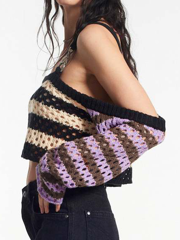 Cutout Contrast Color Splice Buckle Strap Crochet Top-3