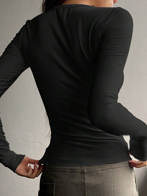 Solid Color Breasted V Neck Slim Long Sleeve Knit-3