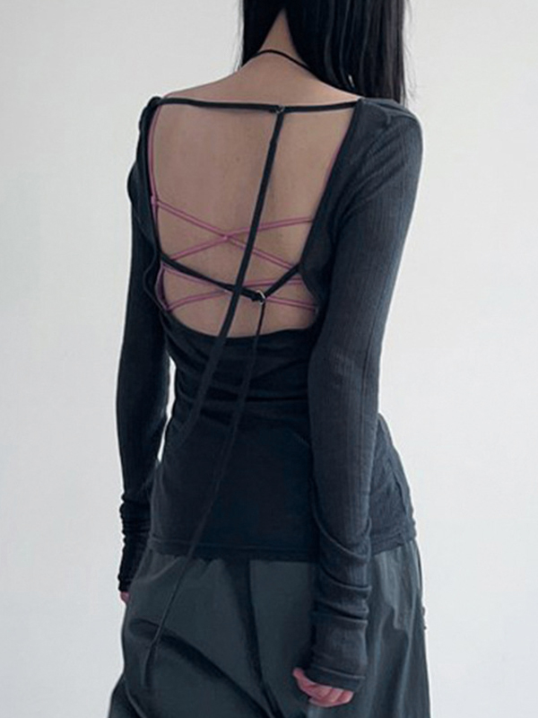 Solid Color Backless Long Sleeve Knit-3