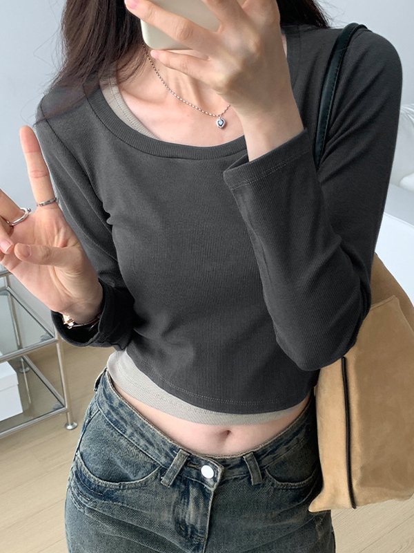 Contrast Color Fake Two Piece Long Sleeve Knit-1